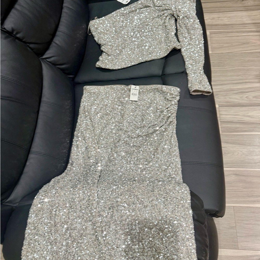 Express Silver Strapless Sequin Dress - Picture 3 of 6